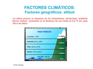 FACTORES CLIMÁTICOS:
Factores geográficos: altitud
-La altitud provoca un descenso de las temperaturas, denominado “gradiente
térmico vertical”, consistente en el descenso de una media de 0,6 ºC por cada
100 m de altitud.
Fuente: Hispagua
Prof. Isaac Buzo Sánchez
 