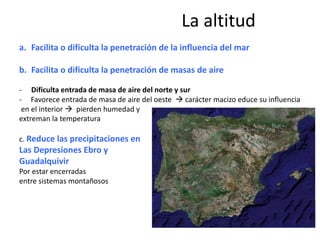 La altitud
a. Facilita o dificulta la penetración de la influencia del mar
b. Facilita o dificulta la penetración de masas de aire
- Dificulta entrada de masa de aire del norte y sur
- Favorece entrada de masa de aire del oeste  carácter macizo educe su influencia
en el interior  pierden humedad y
extreman la temperatura
c. Reduce las precipitaciones en
Las Depresiones Ebro y
Guadalquivir
Por estar encerradas
entre sistemas montañosos
 