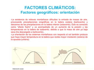 FACTORES CLIMÁTICOS:
Factores geográficos: orientación
-La existencia de relieves montañosos dificultan la entrada de masas de aire,
provocando precipitaciones orográficas en la ladera costera (barlovento) y
descenso de las precipitaciones en la ladera interior (sotavento). Esto es conocido
como “efecto foehn” y va acompañado de un aumento de la presión y las
temperaturas en la ladera de sotavento, debido a que la masa de aire ya baja
seca (ha descargado a barlovento)..
-La orientación de los sistemas montañosos con respecto al sol también produce
que haya mayor temperatura en la ladera que recibe mayor insolación (solana) de
la opuesta (umbría)
Elaboración propia Prof. Isaac Buzo Sánchez
 