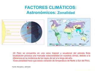 FACTORES CLIMÁTICOS:
Astronómicos: Zonalidad
-El Perú se encuentra en una zona tropical y ecuatorial del planeta Esta
localización provoca una marcada estacionalidad en nuestros climas, debido a la
diferencia en la incidencia de los rayos de sol a lo largo del año.
-Esta zonalidad hace que exista variación de temperatura de Norte a Sur del Perú.
Fuente: Educaplus y wikimedia
Prof. Isaac Buzo Sánchez
 