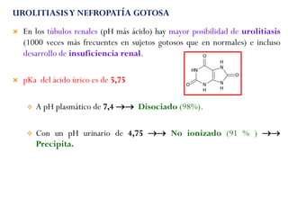 UROLITIASISY NEFROPATÍA GOTOSA
 En los túbulos renales (pH más ácido) hay mayor posibilidad de urolitiasis
(1000 veces más frecuentes en sujetos gotosos que en normales) e incluso
desarrollo de insuficiencia renal.
 pKa del ácido úrico es de 5,75
 A pH plasmático de 7,4  Disociado (98%).
 Con un pH urinario de 4,75  No ionizado (91 % ) 
Precipita.
 