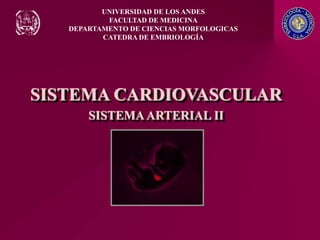 SISTEMA CARDIOVASCULAR
SISTEMAARTERIAL II
UNIVERSIDAD DE LOS ANDES
FACULTAD DE MEDICINA
DEPARTAMENTO DE CIENCIAS MORFOLOGICAS
CATEDRA DE EMBRIOLOGÍA
 