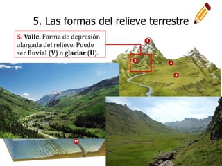 5. Valle. Forma de depresión
alargada del relieve. Puede
ser fluvial (V) o glaciar (U).
5. Las formas del relieve terrestre
 