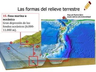 15. Fosa marina u
oceánica
Gran depresión de los
fondos oceánicos (6.000-
11.000 m).
Fosa de Puerto Rico
(9.200 metros de profundidad)
Las formas del relieve terrestre
 