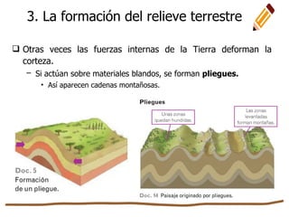  Otras veces las fuerzas internas de la Tierra deforman la
corteza.
– Si actúan sobre materiales blandos, se forman pliegues.
• Así aparecen cadenas montañosas.
3. La formación del relieve terrestre
 