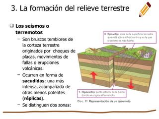 3. La formación del relieve terrestre
 Los seísmos o
terremotos
– Son bruscos temblores de
la corteza terrestre
originados por choques de
placas, movimientos de
fallas o erupciones
volcánicas.
– Ocurren en forma de
sacudidas: una más
intensa, acompañada de
otras menos potentes
(réplicas).
– Se distinguen dos zonas:
 