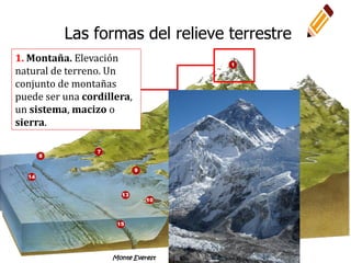 1. Montaña. Elevación
natural de terreno. Un
conjunto de montañas
puede ser una cordillera,
un sistema, macizo o
sierra.
Monte Everest
Las formas del relieve terrestre
 