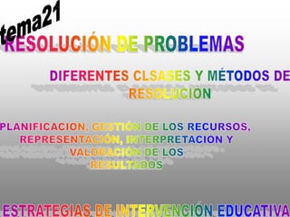 tema21 RESOLUCIÓN DE PROBLEMAS DIFERENTES CLSASES Y MÉTODOS DE RESOLUCIÓN PLANIFICACIÓN, GESTIÓN DE LOS RECURSOS,  REPRESENTACIÓN, INTERPRETACIÓN Y VALORACIÓN DE LOS RESULTADOS ESTRATEGIAS DE INTERVENCIÓN EDUCATIVA 