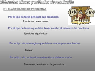 Diferentes clases y métodos de resolución2.1. CLASIFICACIÓN DE PROBLEMASPor el tipo de tarea principal que presentan.Problemas de encontrar.Por el tipo de tareas que debe llevar a cabo el resolutor del problemaEjercicios algorítmicosPor el tipo de estrategias que deben usarse para resolverlosTantear Por el tipo de contenidos matemáticos del enunciadoProblemas de números, de geometría…