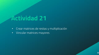 Actividad 21
• Crear matrices de restas y multiplicación
• Vincular matrices mayores
32
 
