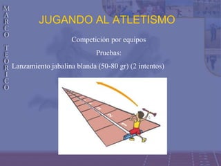 JUGANDO AL ATLETISMO
Competición por equipos
Pruebas:
Lanzamiento jabalina blanda (50-80 gr) (2 intentos)
 