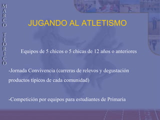 JUGANDO AL ATLETISMO
Equipos de 5 chicos o 5 chicas de 12 años o anteriores
-Jornada Convivencia (carreras de relevos y degustación
productos típicos de cada comunidad)
-Competición por equipos para estudiantes de Primaria
 