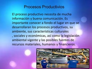 Procesos Productivios
El proceso productivo necesita de mucha
información y buena comunicación. Es
importante conocer a fondo el lugar en que se
desarrollaran los procesos productivos, su
ambiente, sus características culturales
, sociales y económicas, así como la legislación
ambiental vigente y las posibles fuentes de
recursos materiales, humanos y financieros.

 