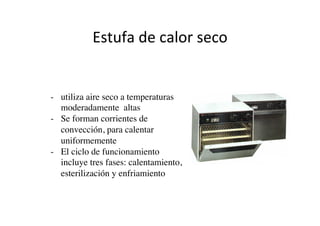 Estufa	
  de	
  calor	
  seco	
  
-  utiliza aire seco a temperaturas
moderadamente altas	

-  Se forman corrientes de
convección, para calentar
uniformemente 	

-  El ciclo de funcionamiento
incluye tres fases: calentamiento,
esterilización y enfriamiento	

 