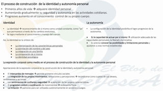 La autonomía
• La configuración de la identidad posibilita el logro progresivo de la
autonomía.
 Es la capacidad de actuar por sí mismo  utilización adecuada de las
capacidades personales, la liberad y la iniciativa.
 Es preciso conocer las posibilidades y limitaciones personales y
ajustarse a unas normas establecidas.
El proceso de construcción de la identidad y autonomía personal
Identidad
• La identidad  reconocimiento de sí mismo como unidad constante, como “yo”
que permanece a través de los cambios evolutivos.
• Se logra mediante el conocimiento y manejo del cuerpo.
Así, la identidad es la síntesis de:
 La interiorización de las características personales
 La asimilación del nombre y del sexo
 La integración en una familia
 La comparación de sí mismo
 La identidad psicológica
• Primeros años de vida  adquiere identidad personal
• Aumentando gradualmente su seguridad y autonomía en las actividades cotidianas.
• Progresivo aumento en el conocimiento control de su propio cuerpo.
Aportaciones de la expresión corporal en la construcción de la identidad y autonomía personal:
 El intercambio de mensajes  permite primeros vínculos sociales.
 La integración de los propios movimientos, sensaciones y percepciones  reconocerse como sujetos de sus deseos,
sentimientos y acciones.
 Los sentimientos de confianza y seguridad  aceptación de las propias características.
 El progresivo control y coordinación de movimientos  autonomía física.
 La imitación  patrones para ser utilizados autónomamente en acciones y juegos.
La expresión corporal como medio en el proceso de construcción de la identidad y la autonomía personal
 