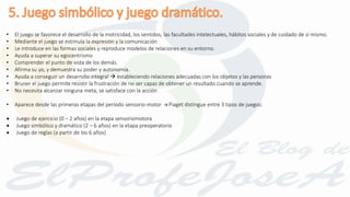 • El juego se favorece el desarrollo de la motricidad, los sentidos, las facultades intelectuales, hábitos sociales y de cuidado de sí mismo.
• Mediante el juego se estimula la expresión y la comunicación
• Le introduce en las formas sociales y reproduce modelos de relaciones en su entorno.
• Ayuda a superar su egocentrismo
• Comprender el punto de vista de los demás.
• Afirma su yo, y demuestra su poder y autonomía.
• Ayuda a conseguir un desarrollo integral  estableciendo relaciones adecuadas con los objetos y las personas
• Bruner el juego permite resistir la frustración de no ser capaz de obtener un resultado cuando se aprende.
• No necesita alcanzar ninguna meta, se satisface con la acción
• Aparece desde las primeras etapas del período sensorio-motor  Piaget distingue entre 3 tipos de juegos:
 Juego de ejercicio (0 – 2 años) en la etapa sensoriomotora
 Juego simbólico y dramático (2 – 6 años) en la etapa preoperatorio
 Juego de reglas (a partir de los 6 años)
 