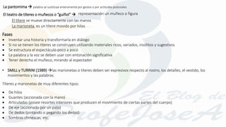 Fases
 Inventar una historia y transformarla en diálogo
 Si no se tienen los títeres se construyen utilizando materiales ricos, variados, insólitos y sugestivos
 Se estructura el espectáculo poco a poco
 La palabra y la voz se deben usar con entonación significativa
 Tener derecho el muñeco, mirando al espectador
• SMILL y TURRINI (1989) las marionetas o títeres deben ser expresivos respecto al rostro, los detalles, el vestido, los
movimientos y las palabras.
Títeres y marionetas de muy diferentes tipos:
 De hilos
 Guantes (accionada con la mano)
 Articuladas (posee resortes interiores que producen el movimiento de ciertas partes del cuerpo)
 De eje (accionado por un palo)
 De dedos (pintando o pegando los dedos)
 Sombras chinescas, etc.
La pantomima  palabra se sustituye enteramente por gestos o por actitudes posturales
El teatro de títeres o muñecos o “guiñol”  representación un muñeco o figura
El títere se mueve directamente con las manos
La marioneta, es un títere movido por hilos
 