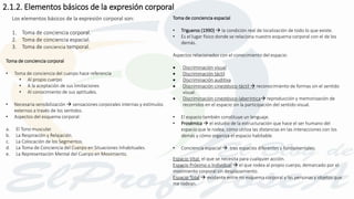 Toma de conciencia espacial
• Trigueros (1990)  la condición real de localización de todo lo que existe.
• Es el lugar físico donde se relaciona nuestro esquema corporal con el de los
demás.
Aspectos relacionados con el conocimiento del espacio:
 Discriminación visual
 Discriminación táctil
 Discriminación auditiva
 Discriminación cinestésico-táctil  reconocimiento de formas sin el sentido
visual.
 Discriminación cinestésico-laberíntica reproducción y memorización de
recorridos en el espacio sin la participación del sentido visual.
• El espacio también constituye un lenguaje.
• Prosémica  el estudio de la estructuración que hace el ser humano del
espacio que le rodea, cómo utiliza las distancias en las interacciones con los
demás y cómo organiza el espacio habitable.
• Conciencia espacial  tres espacios diferentes y fundamentales:
Espacio Vital: el que se necesita para cualquier acción.
Espacio Próximo o Individual  el que rodea al propio cuerpo, demarcado por el
movimiento corporal sin desplazamiento.
Espacio Total  existente entre mi esquema corporal y las personas y objetos que
me rodean.
2.1.2. Elementos básicos de la expresión corporal
Los elementos básicos de la expresión corporal son:
1. Toma de conciencia corporal.
2. Toma de conciencia espacial.
3. Toma de conciencia temporal.
Toma de conciencia corporal
• Toma de conciencia del cuerpo hace referencia
• Al propio cuerpo
• A la aceptación de sus limitaciones
• Al conocimiento de sus aptitudes.
• Necesaria sensibilización  sensaciones corporales internas y estímulos
externos a través de los sentidos.
• Aspectos del esquema corporal:
a. El Tono muscular.
b. La Respiración y Relajación.
c. La Colocación de los Segmentos.
d. La Toma de Conciencia del Cuerpo en Situaciones Inhabituales.
e. La Representación Mental del Cuerpo en Movimiento.
 
