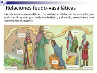 Relaciones feudo-vasalláticas
Las relaciones feudo-vasalláticas o de vasallaje se establecían entre el señor, que
podía ser el rey o un gran noble o eclesiástico; y el vasallo, generalmente otro
noble de menor categoría.
 