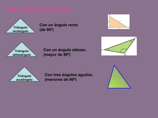 Según la amplitud de sus ángulos:TriángulorectánguloCon un ángulo recto(de 90º)TriánguloobtasánguloCon un ángulo obtuso.(mayor de 90º)TriánguloacutángeloCon tres ángulos agudos.(menores de 90º)