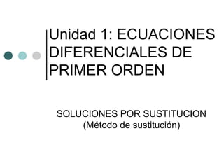 Unidad 1: ECUACIONES
DIFERENCIALES DE
PRIMER ORDEN
SOLUCIONES POR SUSTITUCION
(Método de sustitución)
 