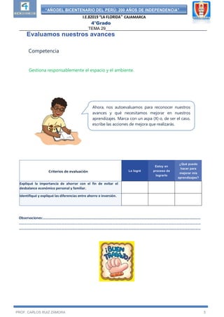 “AÑODEL BICENTENARIO DEL PERÚ: 200 AÑOS DE INDEPENDENCIA”
I.E.82019 “LA FLORIDA” CAJAMARCA
4°Grado
______________________________TEMA 29____________________________________________
PROF. CARLOS RUIZ ZAMORA 5
Evaluamos nuestros avances
Competencia
Gestiona responsablemente el espacio y el ambiente.
Observaciones:……………………………………………………………………………………………………………………………………………………………
……………………………………………………………………………………………………………………………………………………………………………………
……………………………………………………………………………………………………………………………………………………………………………………
Criterios de evaluación Lo logré
Estoy en
proceso de
lograrlo
¿Qué puedo
hacer para
mejorar mis
aprendizajes?
Expliqué la importancia de ahorrar con el fin de evitar el
desbalance económico personal y familiar.
Identifiqué y expliqué las diferencias entre ahorro e inversión.
Ahora, nos autoevaluamos para reconocer nuestros
avances y qué necesitamos mejorar en nuestros
aprendizajes. Marca con un aspa (X) o, de ser el caso,
escribe las acciones de mejora que realizarás.
 