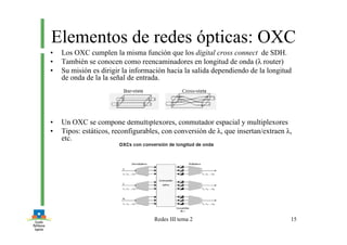 Redes III tema 2 15
Elementos de redes ópticas: OXC
• Los OXC cumplen la misma función que los digital cross connect de SDH.
• También se conocen como reencaminadores en longitud de onda (λ router)
• Su misión es dirigir la información hacia la salida dependiendo de la longitud
de onda de la la señal de entrada.
• Un OXC se compone demultiplexores, conmutador espacial y multiplexores
• Tipos: estáticos, reconfigurables, con conversión de λ, que insertan/extraen λ,
etc.
 