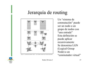 Redes III tema 2 47
Jerarquía de routing
Un “sistema de
conmutación” puede
ser un nodo o un
grupo de nodos con
“una entrada”
Esta definición se
puede aplicar
recursivamente
Se denomina LGN
(Logical Group
Node) a un
“conmutador virtual”
 