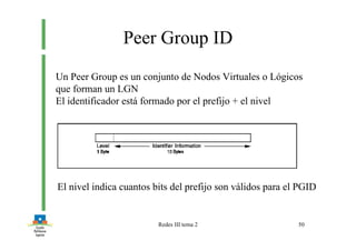Redes III tema 2 50
Peer Group ID
Un Peer Group es un conjunto de Nodos Virtuales o Lógicos
que forman un LGN
El identificador está formado por el prefijo + el nivel
El nivel indica cuantos bits del prefijo son válidos para el PGID
 
