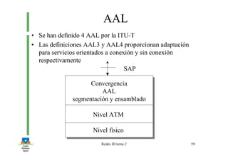 Redes III tema 2 59
AAL
• Se han definido 4 AAL por la ITU-T
• Las definiciones AAL3 y AAL4 proporcionan adaptación
para servicios orientados a conexión y sin conexión
respectivamente
Convergencia
AAL
segmentación y ensamblado
Nivel ATM
Nivel físico
Convergencia
AAL
segmentación y ensamblado
Nivel ATM
Nivel físico
SAP
 