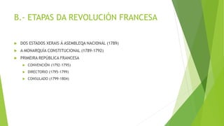 B.- ETAPAS DA REVOLUCIÓN FRANCESA
 DOS ESTADOS XERAIS Á ASEMBLEQA NACIONAL (1789)
 A MONARQUÍA CONSTITUCIONAL (1789-1792)
 PRIMEIRA REPÚBLICA FRANCESA
 CONVENCIÓN (1792-1795)
 DIRECTORIO (1795-1799)
 CONSULADO (1799-1804)
 