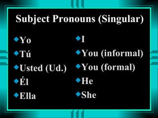 Subject Pronouns (Singular)
x Yo          xI

x Tú          x You (informal)
x Usted (Ud.) x You (formal)
x Él          x He

x Ella        x She
 
