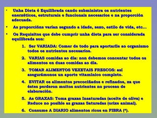Unha Dieta é Equilibrada cando subministra os nutrientes enerxéticos, estruturais e funcionais necesarios e na proporción adecuada. As proporcións varían segundo a idade, sexo, estilo de vida, etc… Os Requisitos que debe cumprir unha dieta para ser considerada equilibrada son: Ser VARIADA: Comer de todo para aportarlle ao organismo todos os nutrientes necesarios. VARIAS comidas ao día: non debemos concentar todos os alimentos en duas comidas ao día.  TOMAR ALIMENTOS VEXETAIS FRESCOS: así asegurámonos un aporte vitamínico completo. EVITAR os alimentos precociñados e refinados, xa que éstes perderon moitos nutrientes no proceso de elaboración. As GRAXAS: Toma graxas Insaturadas (aceite de oliva) e Reduce no posible as graxas Saturadas (orixe animal). Consume A DIARIO alimentos ricos en FIBRA (*). 