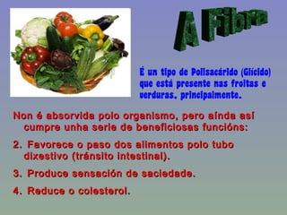 A Fibra É un tipo de Polisacárido (Glícido) que está presente nas froitas e verduras, principalmente. Non é absorvida polo organismo, pero aínda así cumpre unha serie de beneficiosas funcións:  Favorece o paso dos alimentos polo tubo dixestivo (tránsito intestinal). Produce sensación de saciedade. Reduce o colesterol. 