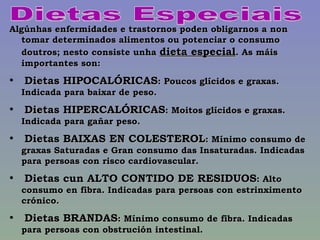 Dietas Especiais Algúnhas enfermidades e trastornos poden obligarnos a non tomar determinados alimentos ou potenciar o consumo doutros; nesto consiste unha  dieta especial . As máis importantes son: Dietas HIPOCALÓRICAS : Poucos glícidos e graxas. Indicada para baixar de peso. Dietas HIPERCALÓRICAS : Moitos glícidos e graxas. Indicada para gañar peso. Dietas BAIXAS EN COLESTEROL : Mínimo consumo de graxas Saturadas e Gran consumo das Insaturadas. Indicadas para persoas con risco cardiovascular. Dietas cun ALTO CONTIDO DE RESIDUOS : Alto consumo en fibra. Indicadas para persoas con estrinximento crónico. Dietas BRANDAS : Mínimo consumo de fibra. Indicadas para persoas con obstrución intestinal. 