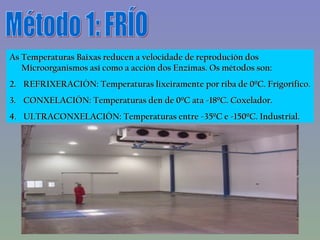 Método 1: FRÍO As Temperaturas Baixas reducen a velocidade de reprodución dos Microorganismos así como a acción dos Enzimas. Os métodos son: REFRIXERACIÓN: Temperaturas lixeiramente por riba de 0ºC. Frigorífico. CONXELACIÓN: Temperaturas den de 0ºC ata -18ºC. Coxelador. ULTRACONXELACIÓN: Temperaturas entre -35ºC e -150ºC. Industrial. 