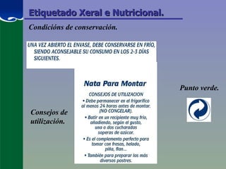 Etiquetado Xeral e Nutricional. Condicións de conservación. Consejos de utilización. Punto verde. 