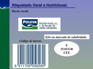 Etiquetado Xeral e Nutricional. Razón social. E 15.02/GR CEE Selo ou marcado de salubridade. Código de barras. 