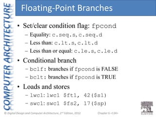 Chapter 6 <134>
• Set/clear condition flag: fpcond
– Equality: c.seq.s, c.seq.d
– Less than: c.lt.s, c.lt.d
– Less than or...
