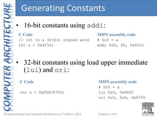 Chapter 6 <54>
• 16-bit constants using addi:
• 32-bit constants using load upper immediate
(lui) and ori:
C Code
int a = ...