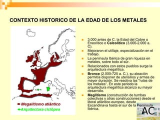 CONTEXTO HISTORICO DE LA EDAD DE LOS METALES


                          3.000 antes de C. la Edad del Cobre o
                           Eneolítico o Calcolítico (3.000-2.000 a.
                           C).
                          Mejoraron el utillaje, especialización en el
                           trabajo.
                          La península Ibérica de gran riqueza en
                           metales, sobre todo al sur.
                          Relacionados con estos pueblos surge la
                           arquitectura megalítica.
                          Bronce (2.000-725 a. C.), su aleación
                           permitía disponer de utensilios y armas de
                           mayor duración. Se reactiva las "rutas de
                           los metales“. En este periodo la
                           arquitectura megalítica alcanzo su mayor
                           desarrollo.
                          Meglitismo (construcción de tumbas
                           colectivas y otras construcciones) desde el
                           litoral atlántico europeo, desde
                           Escandinava hasta el sur de la Península
                           Ibérica.
 