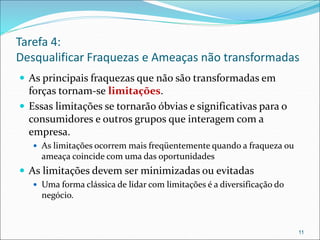 Tarefa 4:
Desqualificar Fraquezas e Ameaças não transformadas
 As principais fraquezas que não são transformadas em
forças tornam-se limitações.
 Essas limitações se tornarão óbvias e significativas para o
consumidores e outros grupos que interagem com a
empresa.
 As limitações ocorrem mais freqüentemente quando a fraqueza ou
ameaça coincide com uma das oportunidades
 As limitações devem ser minimizadas ou evitadas
 Uma forma clássica de lidar com limitações é a diversificação do
negócio.
11
 