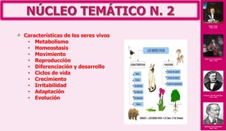 Robert Hook
1635– 1703
Anton van Leeuwenhoek
1632 – 1723
Friedrich Theodor Schwann
1776 – 1847
Matthias Jacob Schleiden
1804 - 1881
Características de los seres vivos
• Metabolismo
• Homeostasis
• Movimiento
• Reproducción
• Diferenciación y desarrollo
• Ciclos de vida
• Crecimiento
• Irritabilidad
• Adaptación
• Evolución
 