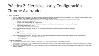 Práctica 2: Ejercicios Uso y Configuración
Chrome Avanzado
• Crear marcadores
• Crea una carpeta nueva de marcadores que se llame "Ejercicio marcadores AAMMDD", donde AAMMDD corresponda al año, mes y día actual. En esta carpeta es donde
tendrás que guardar todos los grupos de marcadores que vayas creando a lo largo del ejercicio.
• Crea un grupo de marcadores llamado "Prensa" que contenga varias pestañas con webs de periódicos regionales y nacionales, como por ejemplo:
• Regionales: ideal, la opinión de granada, etc...
• Nacionales: El País, Marca, El Mundo, ABC, La vanguardia, As
• Crea un grupo de marcadores llamado "Profesionales" que contenga varias pestañas con webs relacionadas con la enseñanza en Andalucía:
• Institucionales: Consejería, Séneca, CGA.
• Sindicatos: STE-PV, CCOO, ANPE, FETE-UGT, CSI-CSIF
• Crea un grupo de marcadores llamado "Transportes" que contenga varias pestañas con webs relacionadas con transportes de Granada:
• EMT
• RENFE Cercanías
• Taxis
• Aeropuerto (Vueling, Iberia, Air Nostrum, etc)
• Crea un grupo de marcadores llamados "Televisión y radio" que contenga varias pestañas con webs relacionadas con las programaciones de radio y televisión:
• a. TVE1, TVE-2, Antena-3, Tele 5, Cuatro, La Sexta, Canal Sur, etc
• b. Radio 2 (clásica), Radio 3
• Organizar marcadores
• Los marcadores toman como nombre el título de la página web, que a veces es largo. Corrige los nombres de los marcadores.
• Los marcadores se ordenan en el orden en que estaban abiertas las pestañas. Reordena el orden de los marcadores siguiendo un criterio distinto (por ejemplo, ordena los
periódicos en el orden de preferencia).
• Crea una nueva carpeta de marcadores que se llame "Preferidos" y copia (sin borrar el marcador original) los marcadores que más te interesan de todos los creados en los
ejercicios anteriores.
 