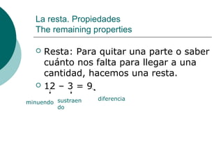 La resta. Propiedades
  The remaining properties

     Resta: Para quitar una parte o saber
      cuánto nos falta para llegar a una
      cantidad, hacemos una resta.
     12 – 3 = 9
                    diferencia
minuendo sustraen
         do
 