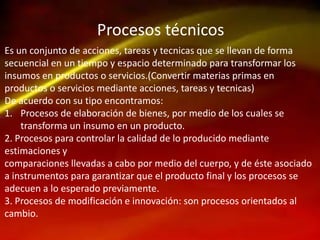 Procesos técnicos
Es un conjunto de acciones, tareas y tecnicas que se llevan de forma
secuencial en un tiempo y espacio determinado para transformar los
insumos en productos o servicios.(Convertir materias primas en
productos o servicios mediante acciones, tareas y tecnicas)
De acuerdo con su tipo encontramos:
1. Procesos de elaboración de bienes, por medio de los cuales se
transforma un insumo en un producto.
2. Procesos para controlar la calidad de lo producido mediante
estimaciones y
comparaciones llevadas a cabo por medio del cuerpo, y de éste asociado
a instrumentos para garantizar que el producto final y los procesos se
adecuen a lo esperado previamente.
3. Procesos de modificación e innovación: son procesos orientados al
cambio.

 