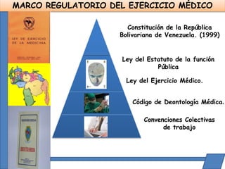 MARCO REGULATORIO DEL EJERCICIO MÉDICO
Constitución de la República
Bolivariana de Venezuela. (1999)
Ley del Estatuto de la función
Pública
Ley del Ejercicio Médico.
Código de Deontología Médica.
Convenciones Colectivas
de trabajo
 