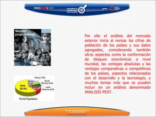 Por ello el análisis del mercado exterior inicia al revisar las cifras de población de los países y sus datos agregados, considerando también otros aspectos como la conformación de bloques económicos a nivel mundial, las ventajas absolutas y las ventajas comparativas o competitivas de los países, aspectos relacionados con el desarrollo y la tecnología; y muchos temas más que se pueden incluir en un análisis denominado ANALISIS PEST. 