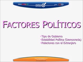 F ACTORES  P OLÍTICOS Tipo de Gobierno Estabilidad Política (Democracia) Relaciones con el Extranjero 