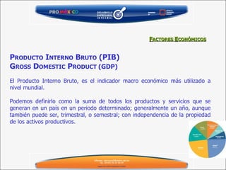 P RODUCTO  I NTERNO  B RUTO  (PIB) G ROSS  D OMESTIC  P RODUCT  (GDP)   El Producto Interno Bruto, es el indicador macro económico más utilizado a nivel mundial.  Podemos definirlo como la suma de todos los productos y servicios que se generan en un país en un periodo determinado; generalmente un año, aunque también puede ser, trimestral, o semestral; con independencia de la propiedad de los activos productivos.  F ACTORES  E CONÓMICOS 